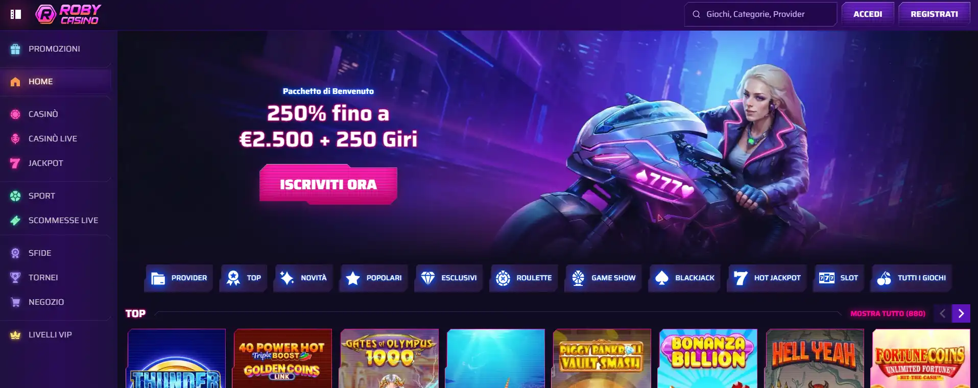 Homepage italiana di Robycasino con le sezioni casinò, live casino e sport