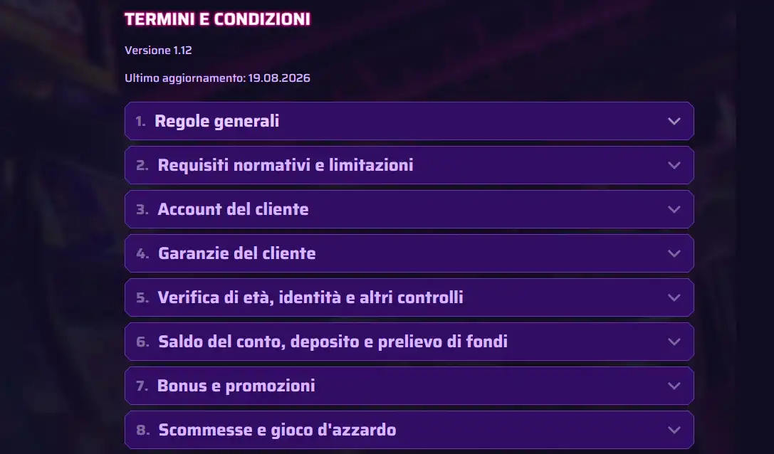 Termini e Condizioni italiani di Robycasino con versione 1.12 e data 19 agosto 2026